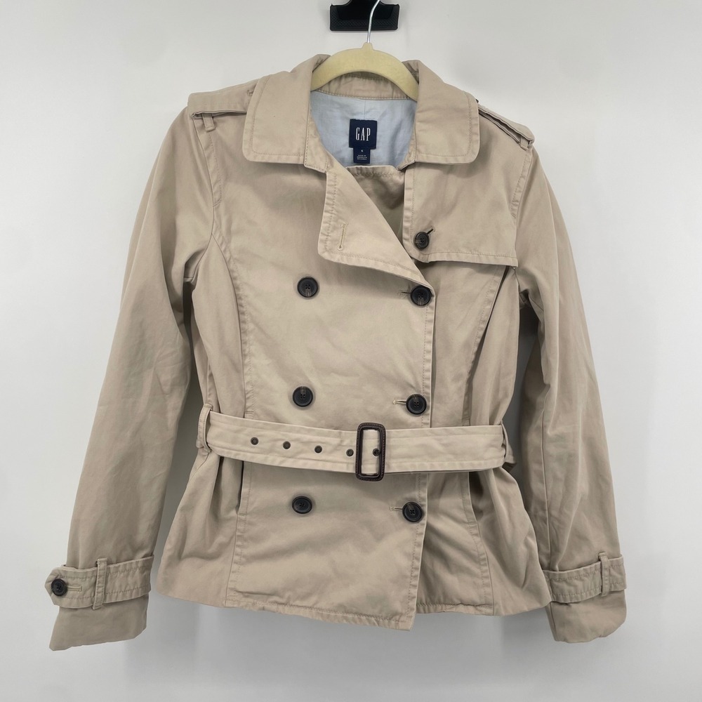 Gap Trench Coat Women S Tan Double Breasted Belted Short Khaki Jacket